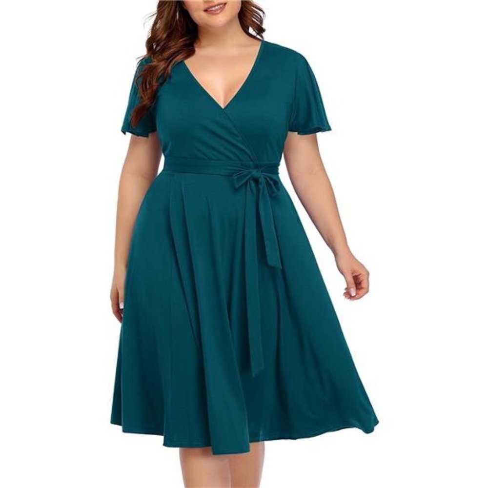 Women's Plus Size Dress Semi Formal Cocktail Wrap Empire Waist Midi Dress, Green